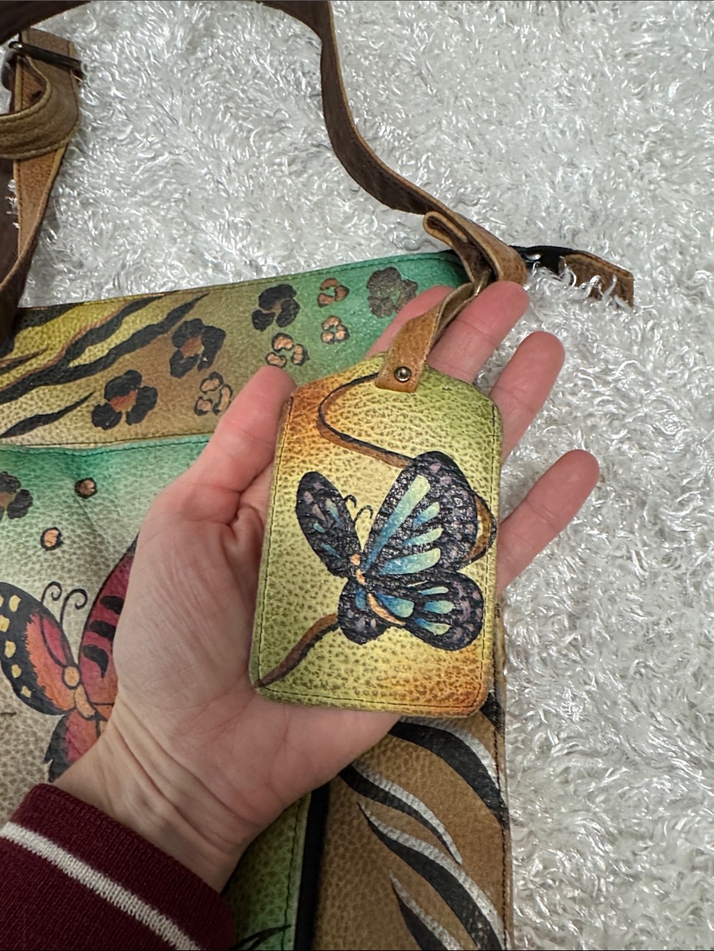 Anuschka Hand-Painted Multicolor Butterfly Crossbody Bag with Brown Strap - Picture 2 of 10